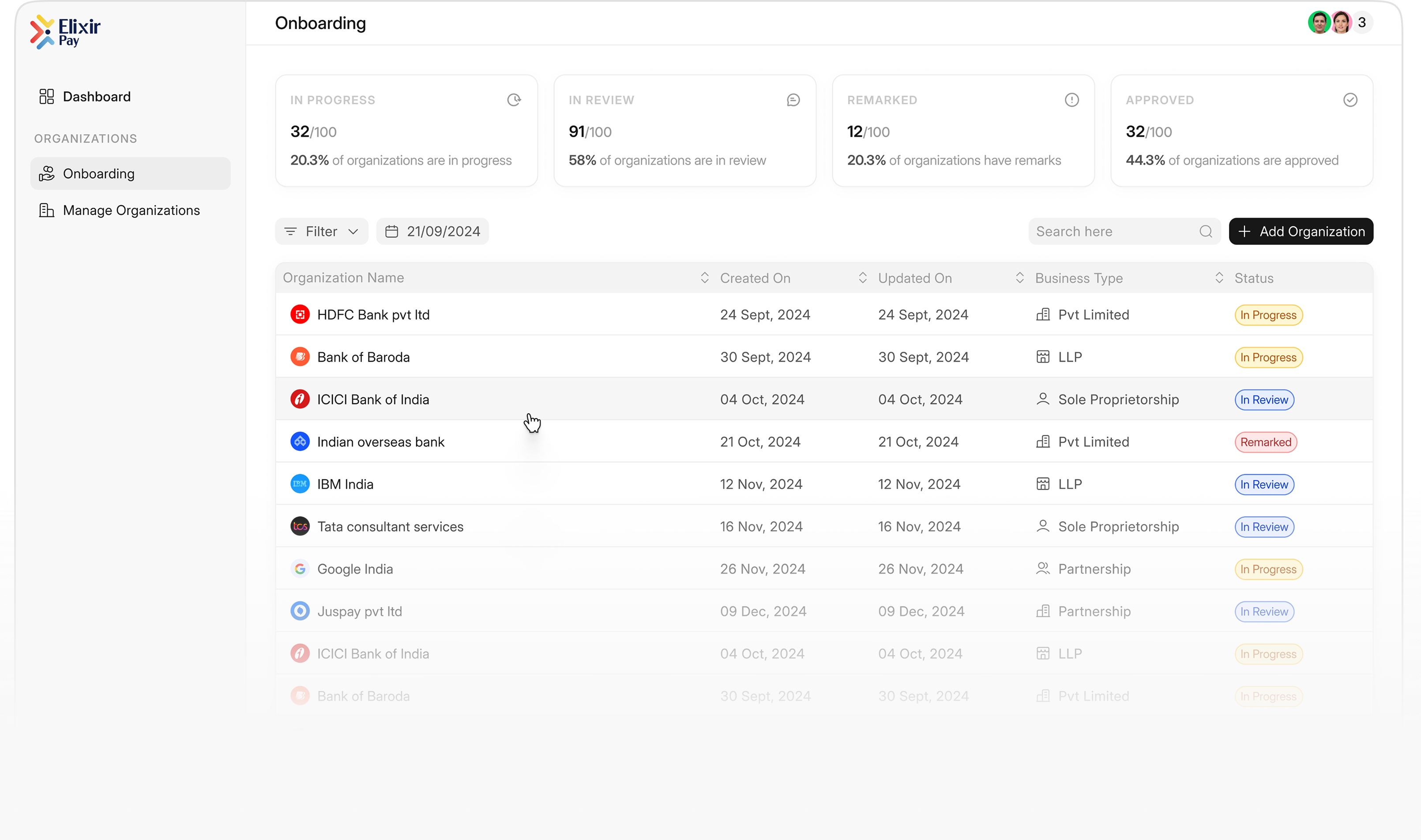 ElixirPay onboarding dashboard